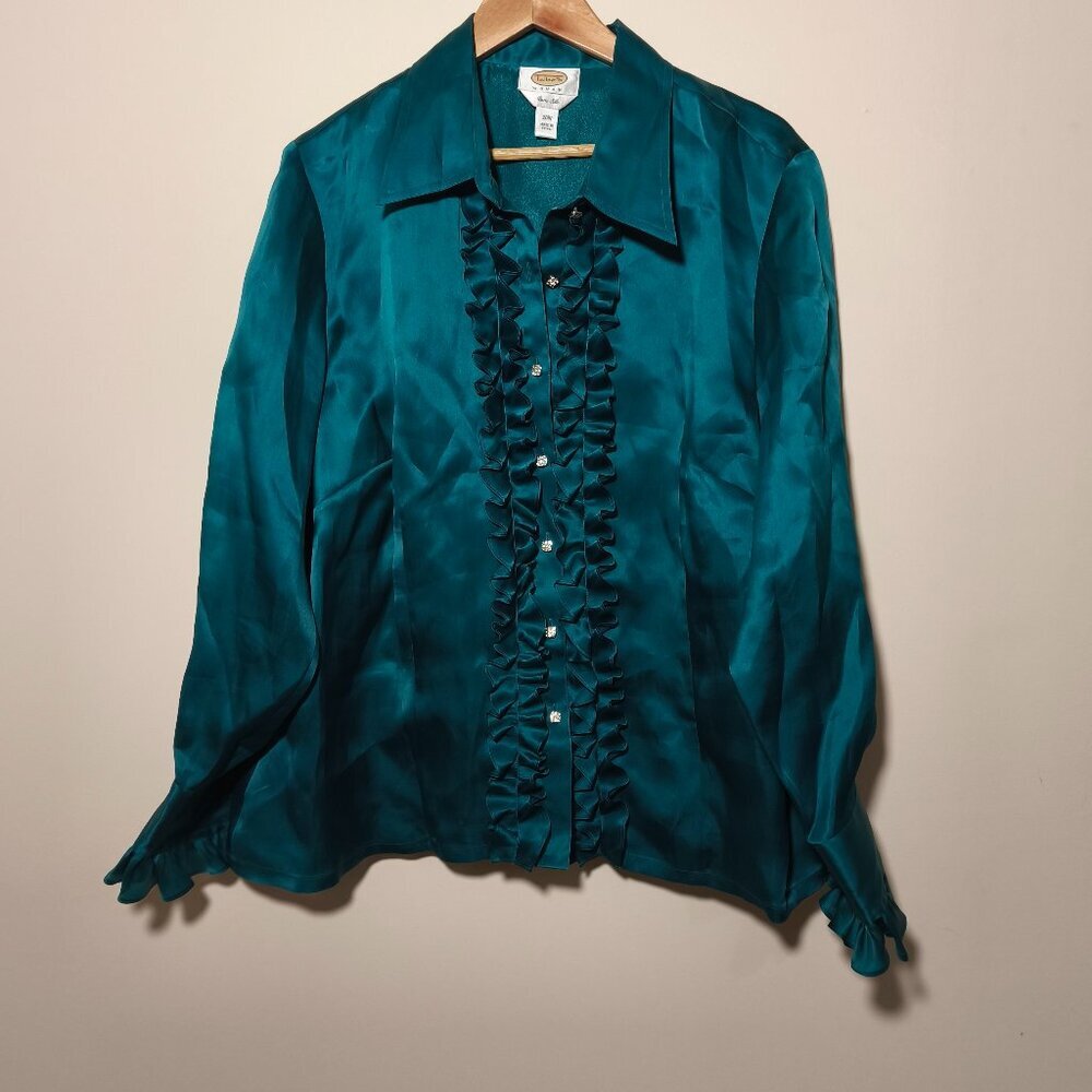 Talbots 100% Silk Organza Rhinestone Button Down Ruffle Blouse sz 20W Emerald